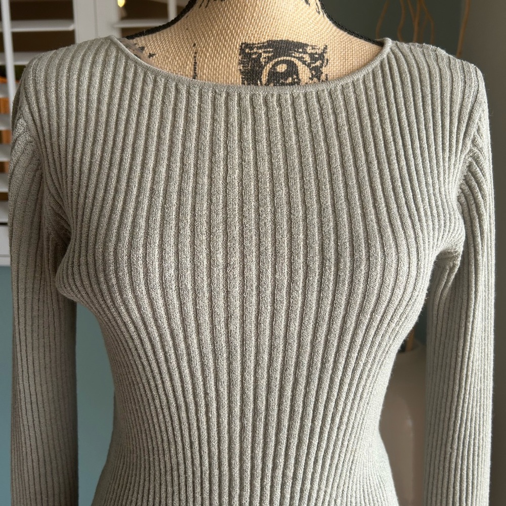 Grey Ribbed Ruffled Bell Sleeve Sweater - Picture 2 of 7